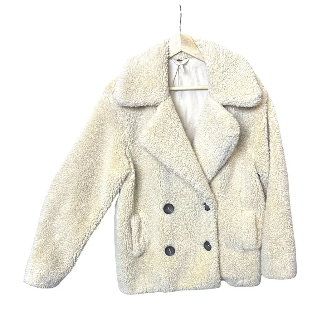 Free People Teddy Sherpa Pea Coat Oatmeal XS Cozy & Soft Double Breasted Jacket - Picture 4 of 11